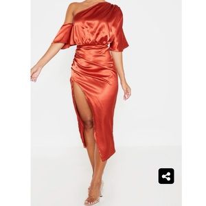 Rust Satin One Shoulder Ruched Skirt Midi Dress